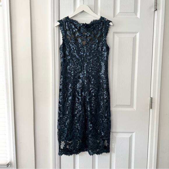 Tadashi Shoji Teal Sequin Illusion Sheath Knee Length Pailette Cocktail Dress 8 - Picture 8 of 13